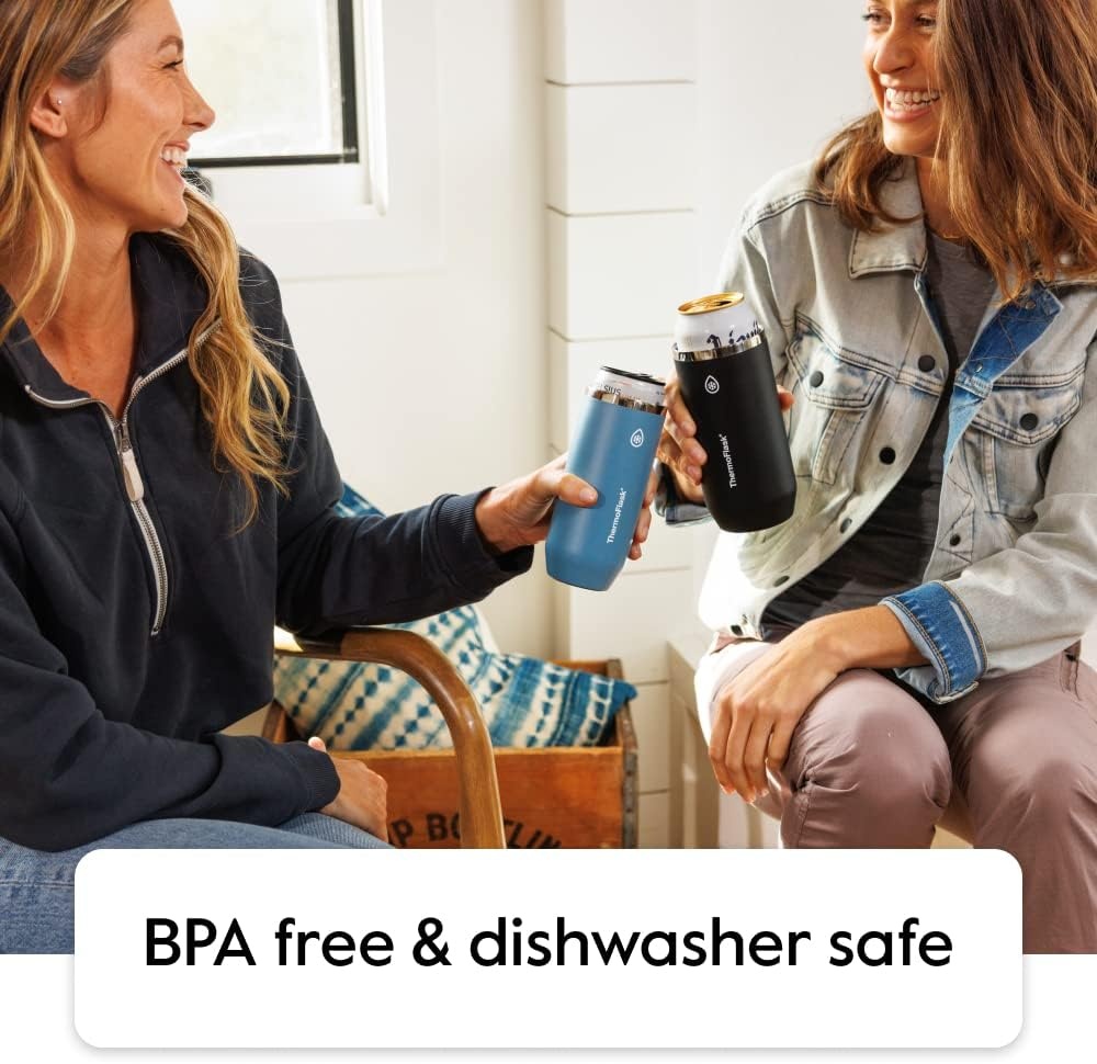 image:imageThermoFlask 16 oz Tall Can Cooler 2in1 Insulated Cup Durable Stainless Steel with NonSlip Base DishwasherSafe Vivid BlueJet Black